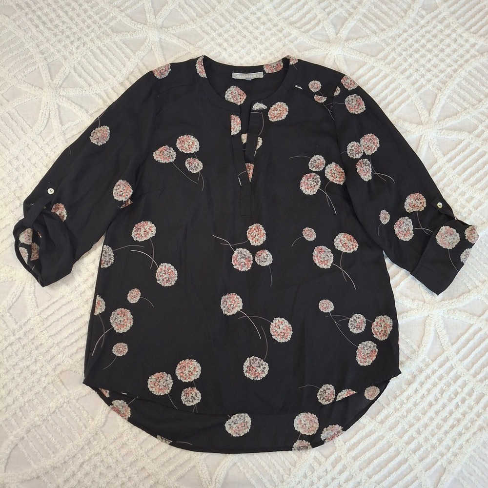 danielrainn‎ Large Black Floral Print Top 3/4 Sleeve Roll Tab Chiffon Blouse